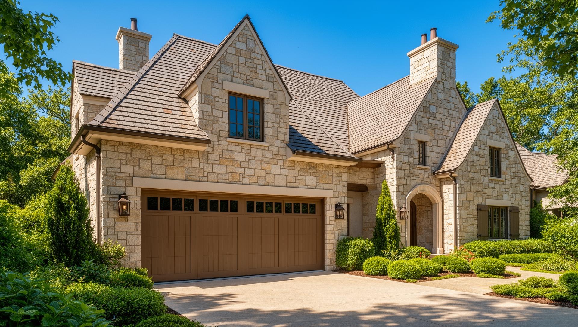 Elegant French country estate with craftsman style garage door featuring rectangular windows